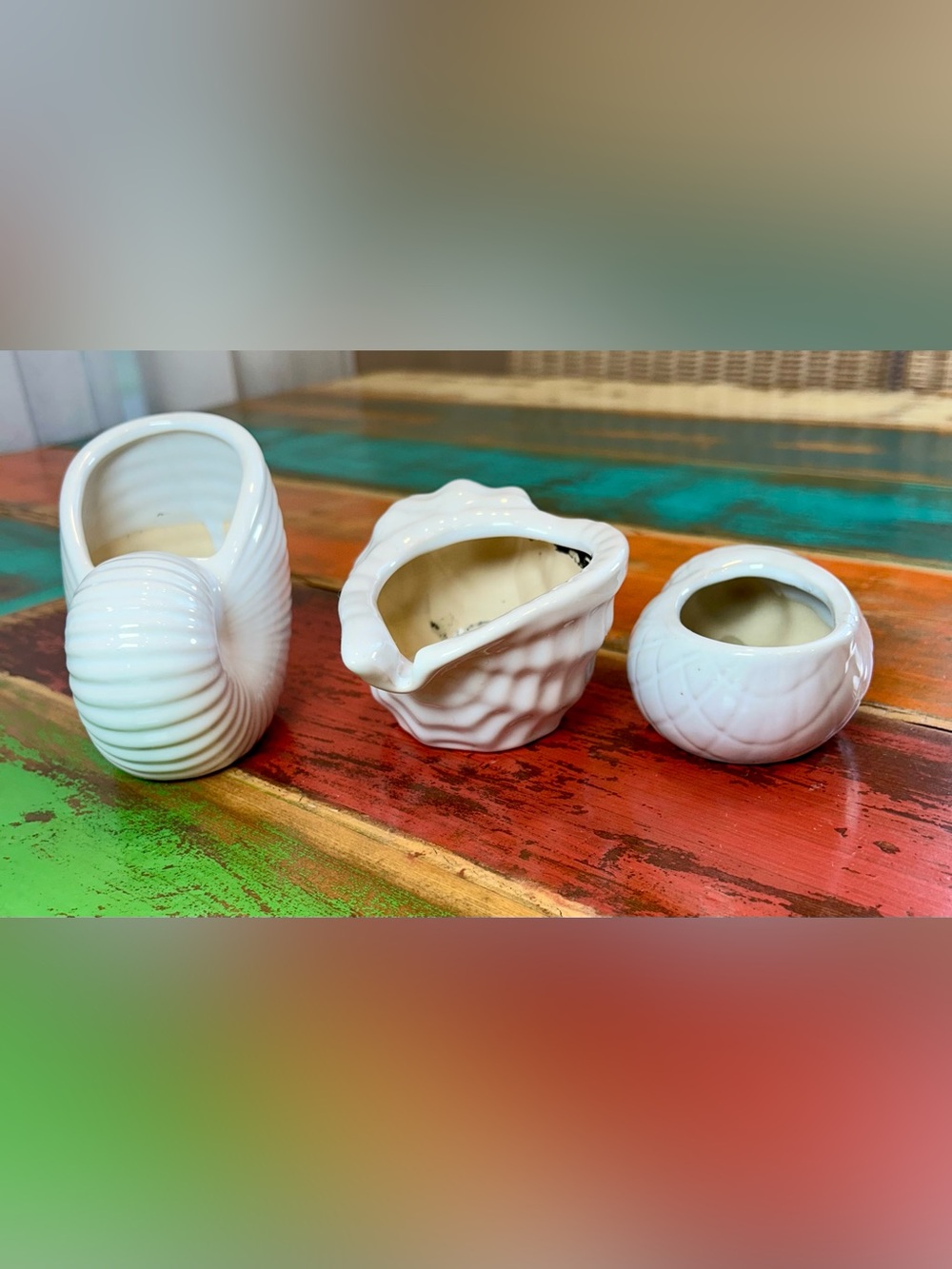 Vintage Pier 1 White Ceramic Seashell Planter Trio Set of 3 Conch Nautilus - Picture 4 of 13